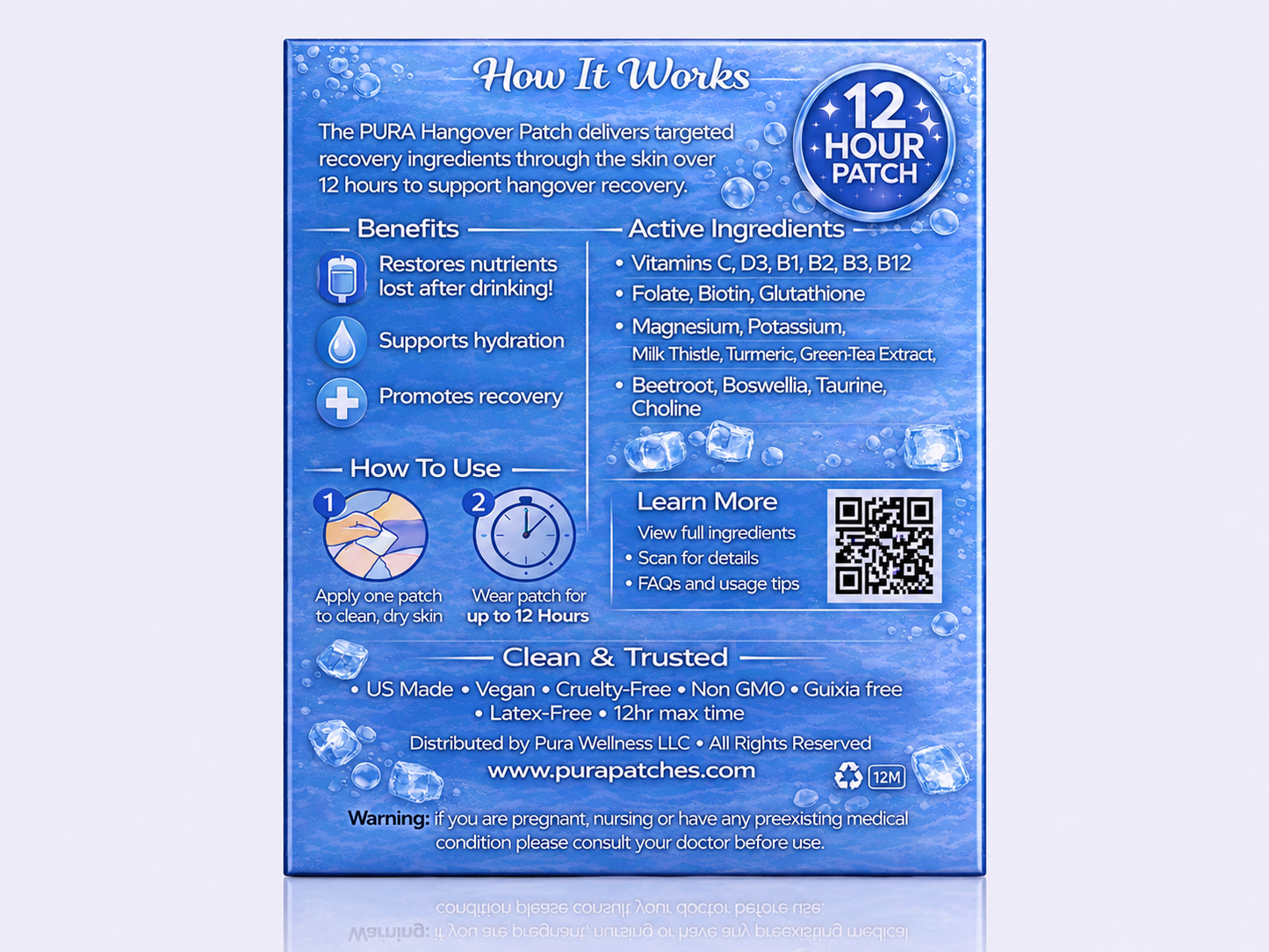 PURA Hangover Patches description with benefits and ingredients for recovery and hydration support.