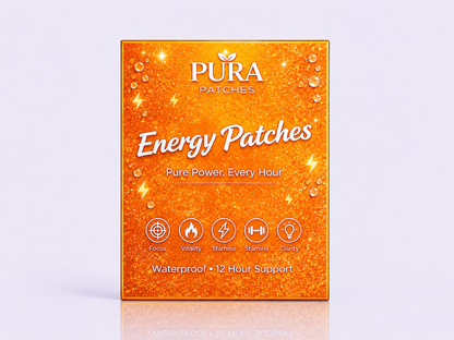 PURA Energy Patches package showcasing steady energy support for focus, vitality, stamina, and clarity.