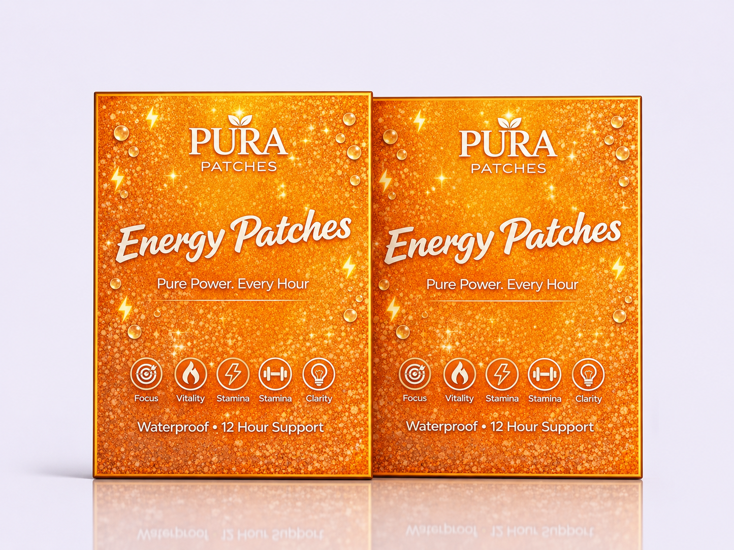 PURA Energy Patches packaging featuring Energy Bundle for focus, stamina, and vitality support.