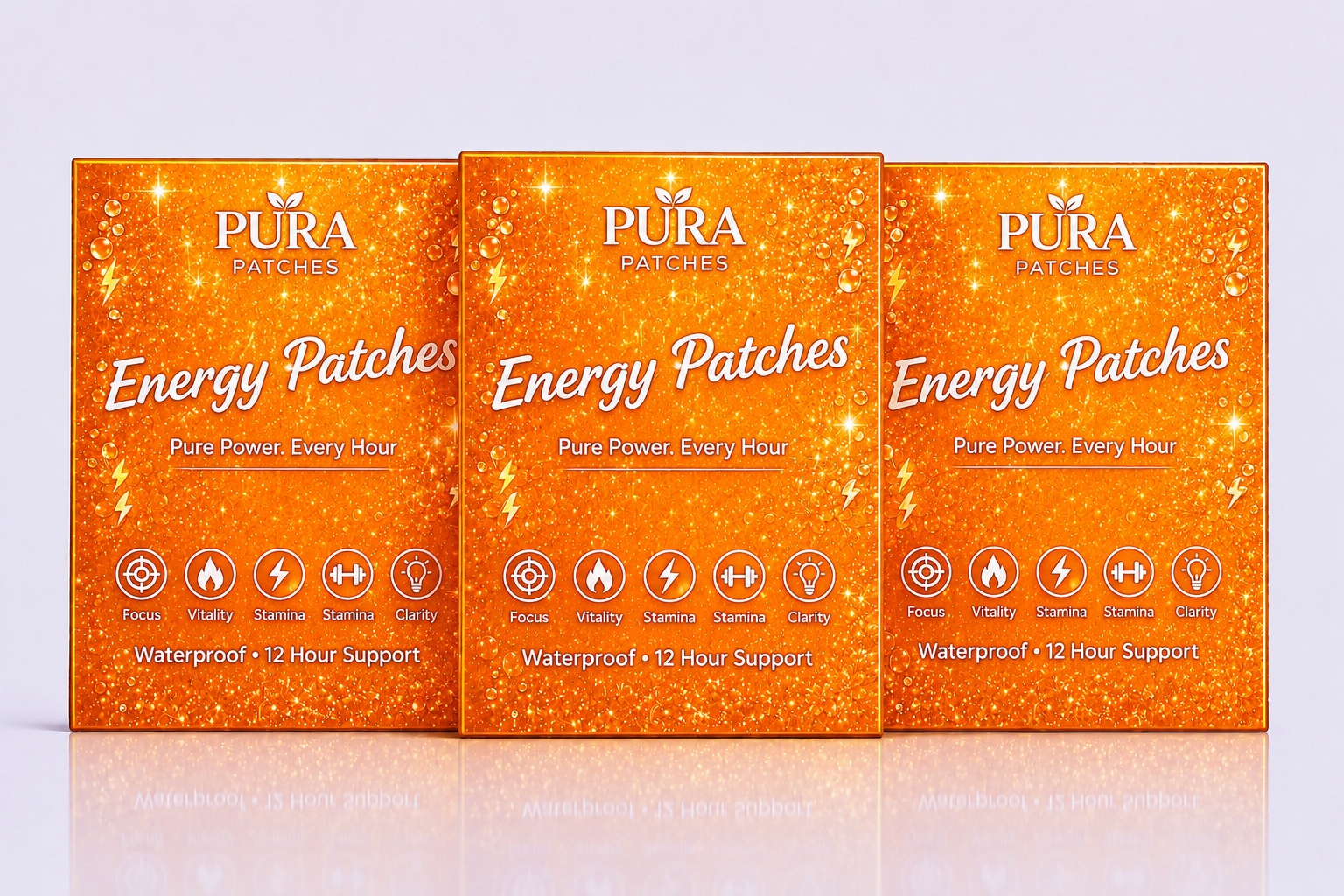 PURA Patches Energy Bundle featuring three boxes of Energy Patches with vibrant orange design and benefits listed.