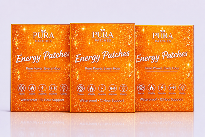 PURA Patches Energy Bundle featuring three boxes of Energy Patches with vibrant orange design and benefits listed.