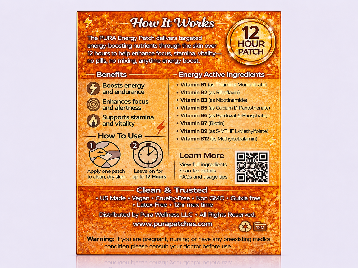 Image of PURA Energy Patch packaging detailing how it works, benefits, and active ingredients of Energy Patches.