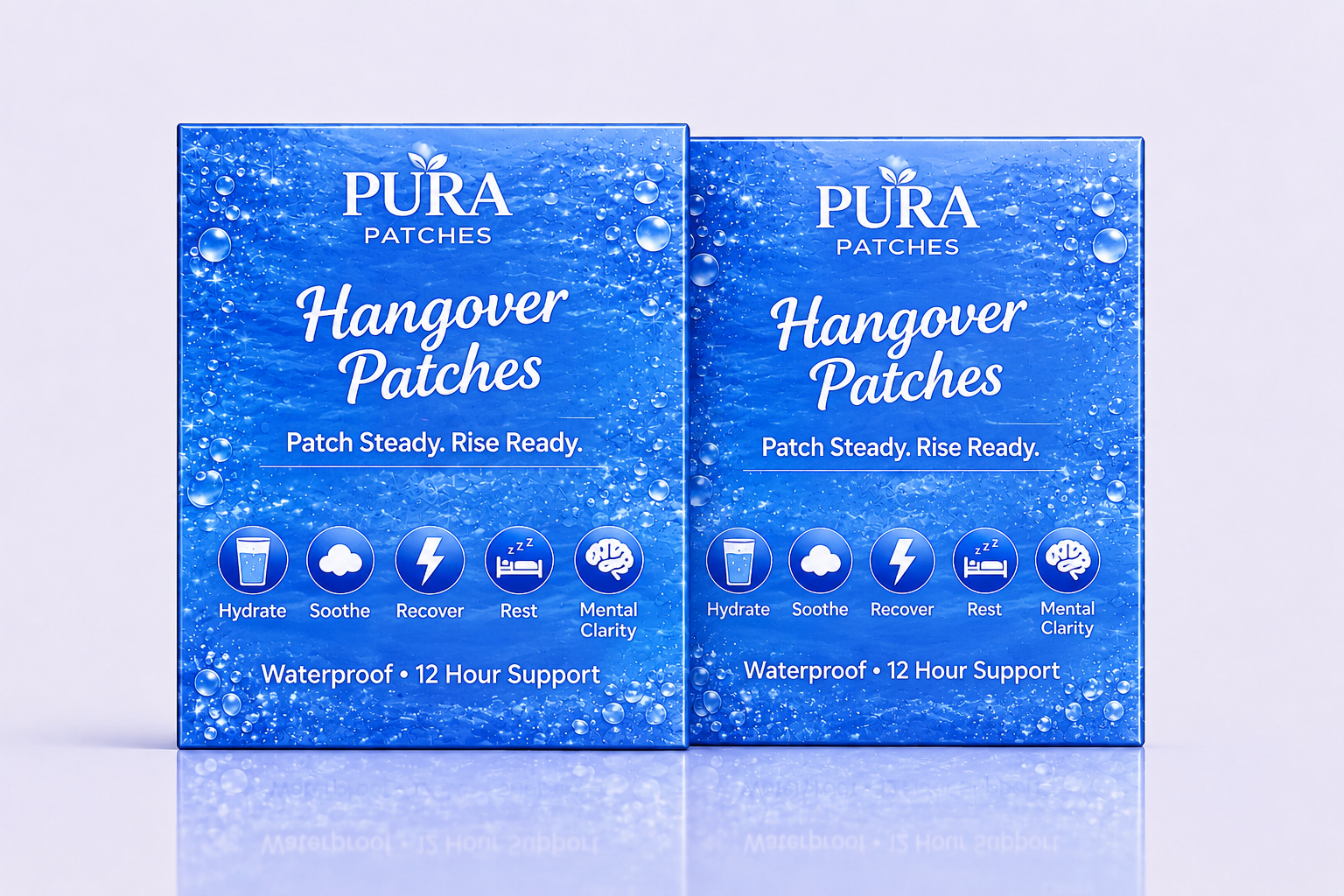 PURA Hangover Bundle featuring hangover patches offering 12-hour support for recovery and hydration.