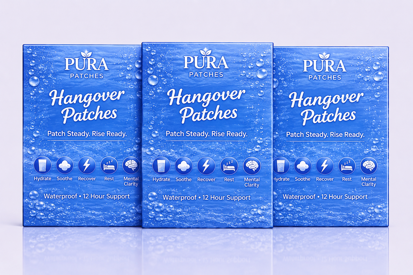 Three boxes of PURA Hangover Bundle patches offering 12 hour support for recovery after long nights.