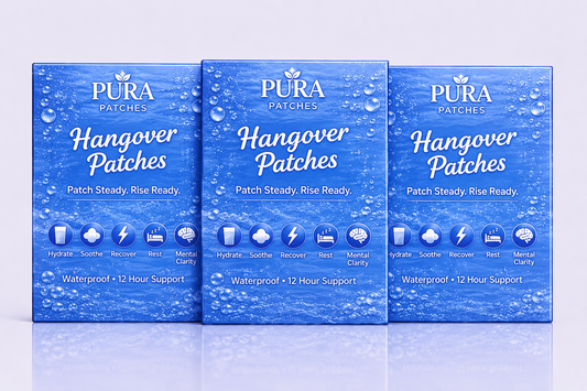 Three boxes of PURA Hangover Bundle patches offering 12 hour support for recovery after long nights.