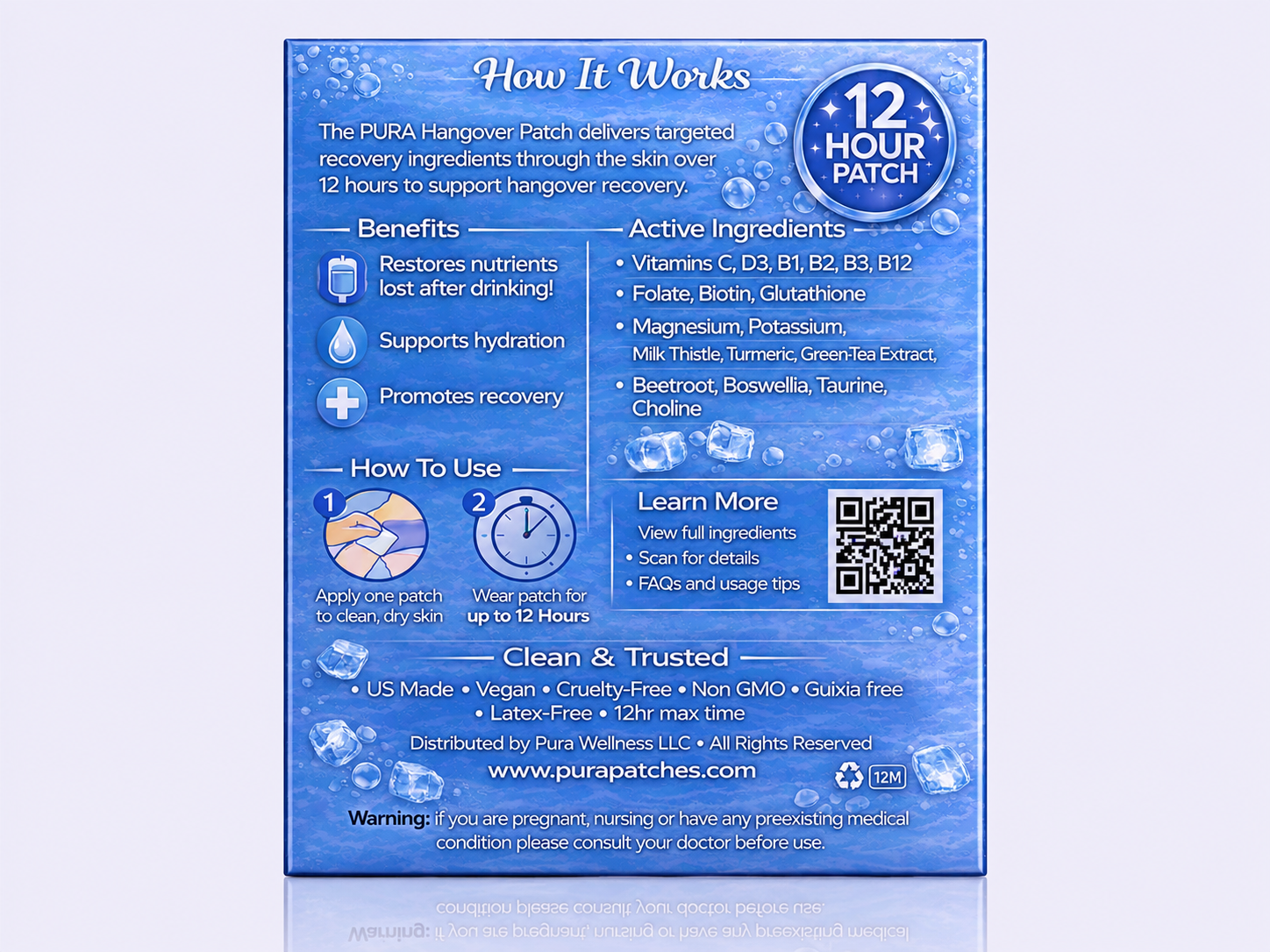 PURA Hangover Patches description with benefits and ingredients for recovery and hydration support.