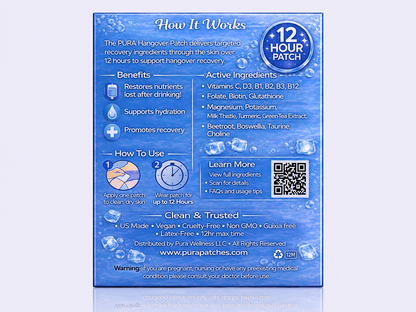 PURA Hangover Patches description with benefits and ingredients for recovery and hydration support.