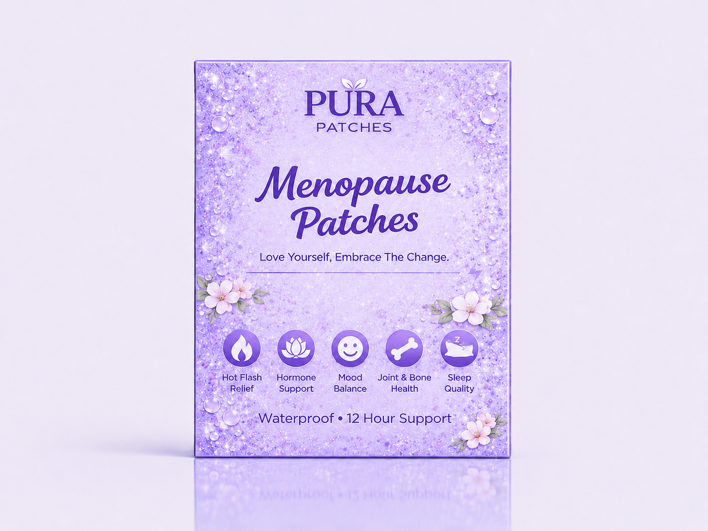 PURA Menopause Patches packaging with floral design, promoting hot flash relief and hormone support.