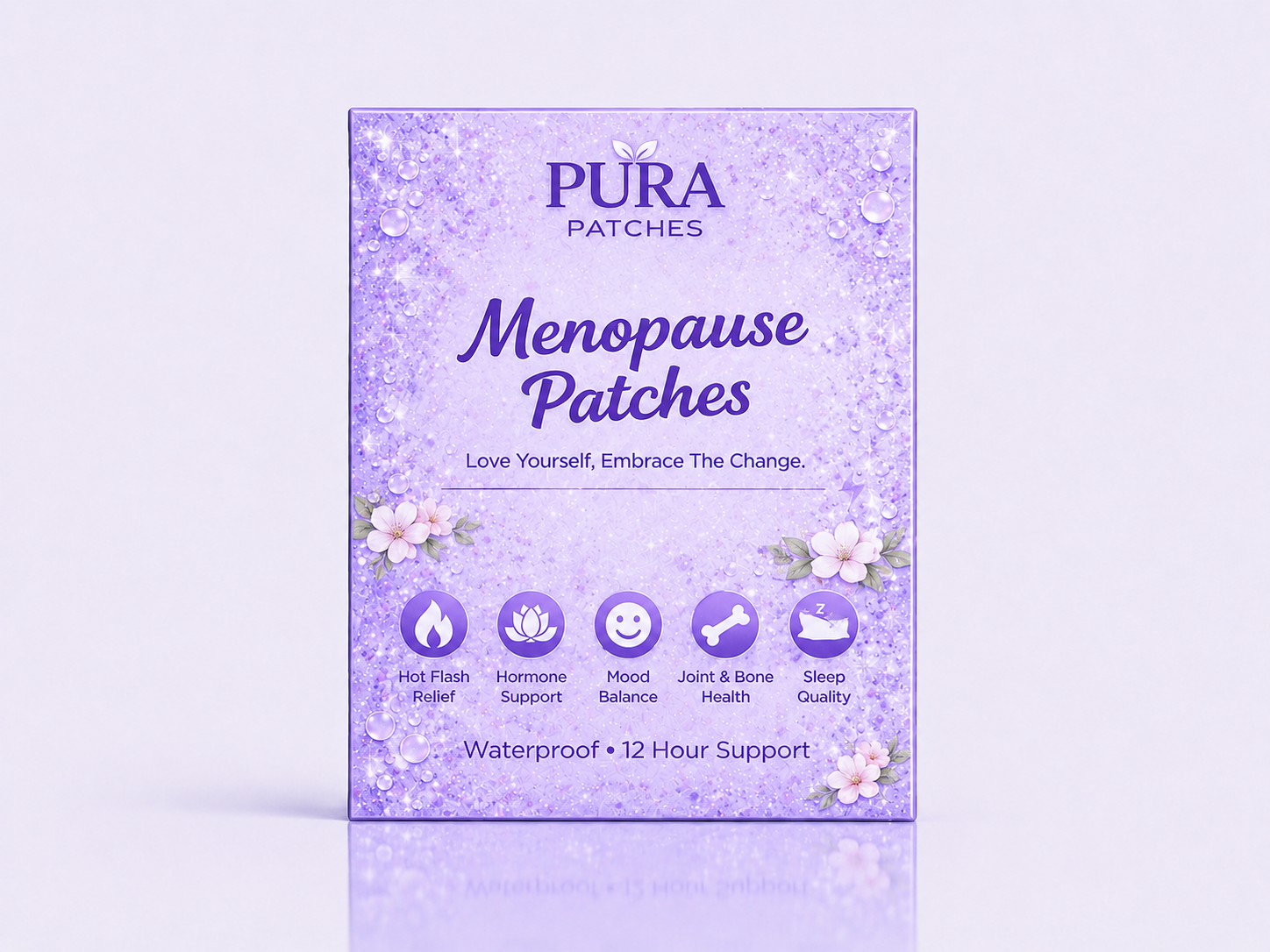 PURA Menopause Patches packaging with floral design, promoting hot flash relief and hormone support.