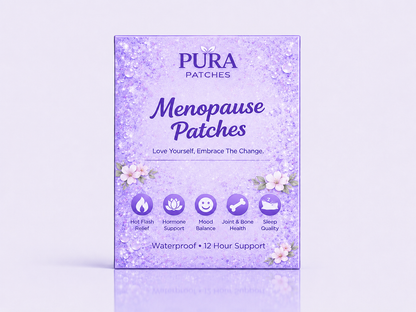 PURA Menopause Patches packaging with floral design, promoting hot flash relief and hormone support.