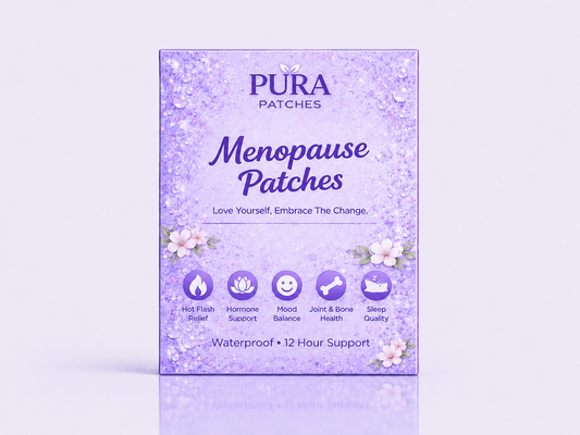 PURA Menopause Patches packaging with floral design, promoting hot flash relief and hormone support.