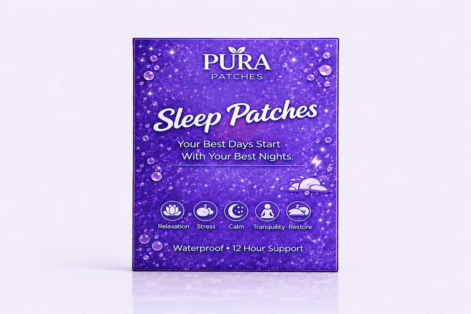 PURA Sleep Patches packaging showcasing deep sleep benefits and 12-hour support for restful nights.