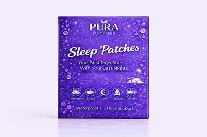 PURA Sleep Patches packaging showcasing deep sleep benefits and 12-hour support for restful nights.