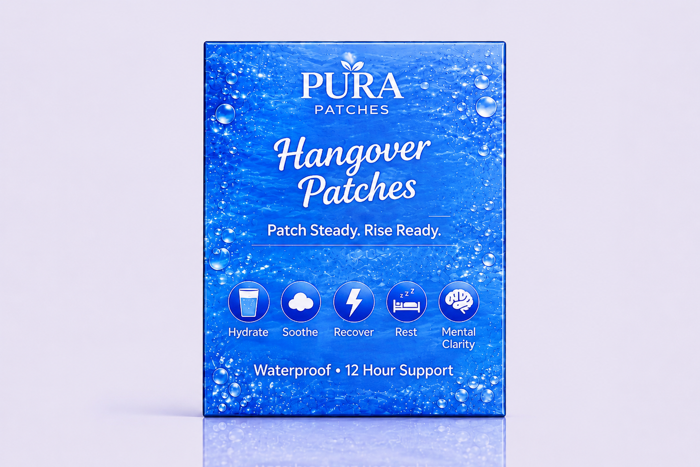 PURA Hangover Patches packaging, waterproof 12 hour support for hydrating and recovering after drinking.