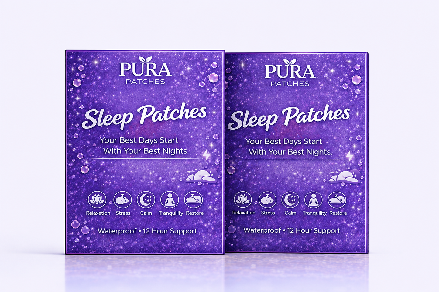 PURA Patches Sleep Bundle featuring Sleep Patches for relaxation and stress relief, promoting better sleep quality.
