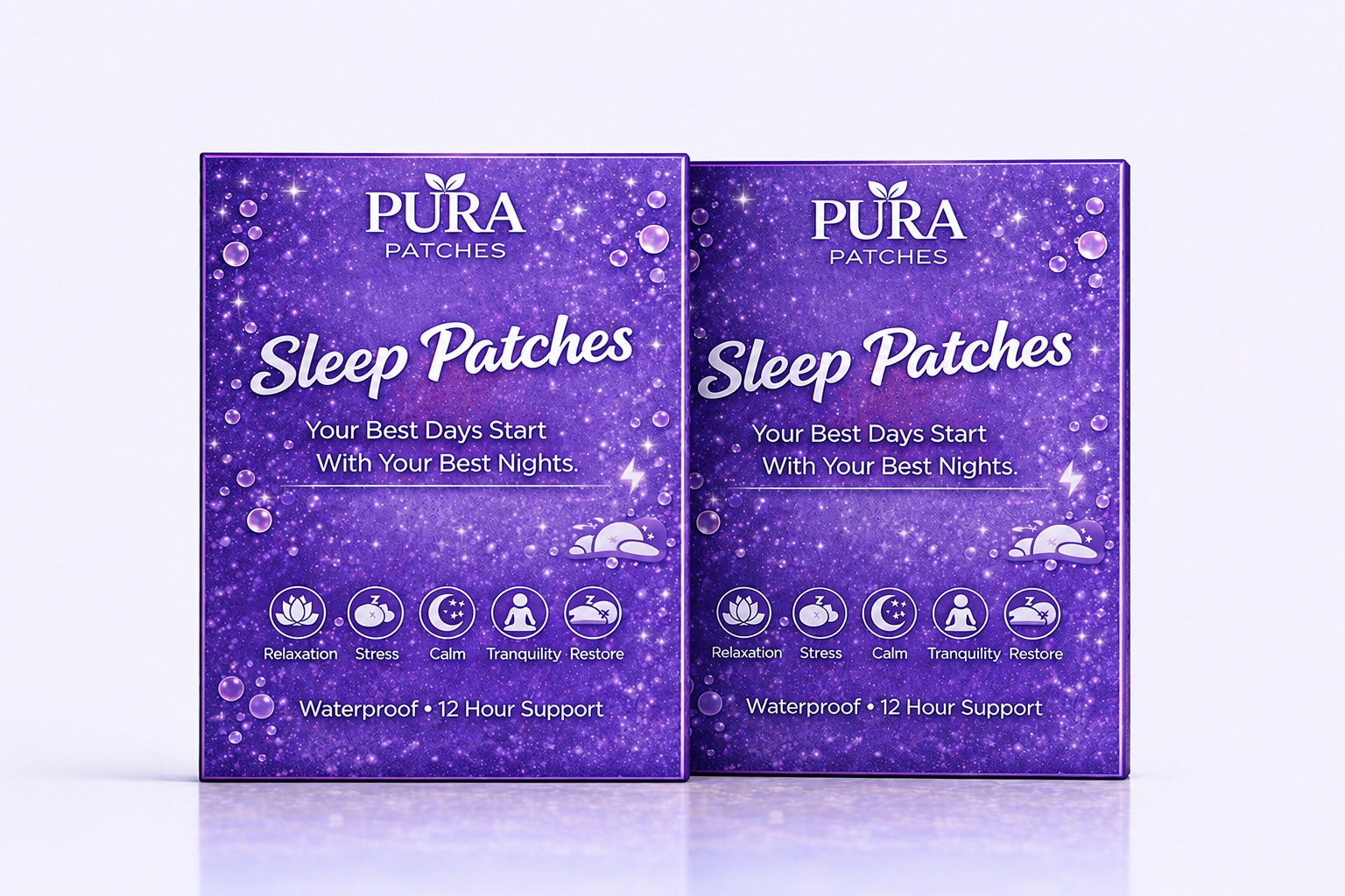 PURA Patches Sleep Bundle featuring Sleep Patches for relaxation and stress relief, promoting better sleep quality.