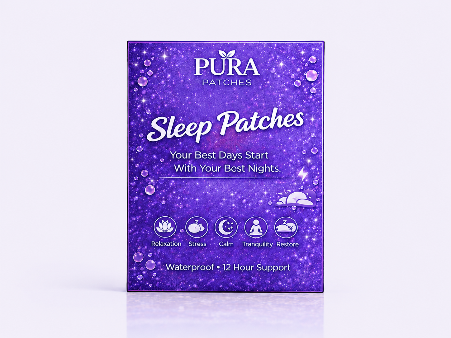 Product packaging for PURA Wellness Sleep Patches, offering relaxation and support for restful nights.