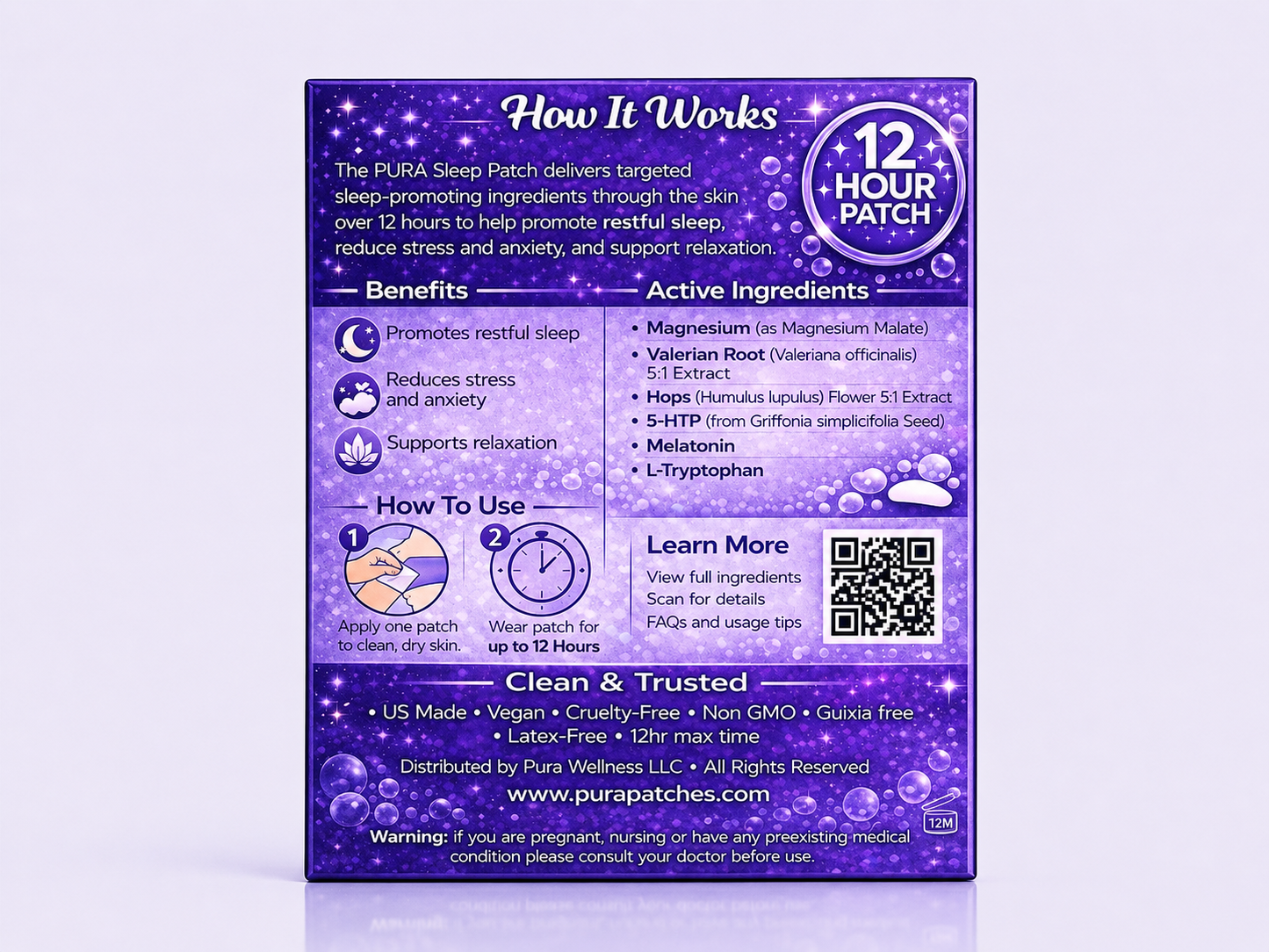 PURA Wellness Sleep Patch details showing benefits and active ingredients for better sleep, labeled as Sleep Patches.