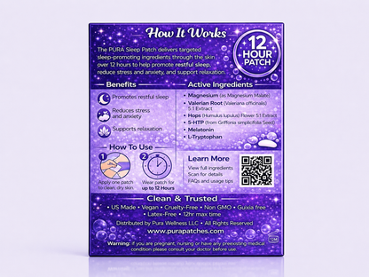 PURA Wellness Sleep Patch details showing benefits and active ingredients for better sleep, labeled as Sleep Patches.